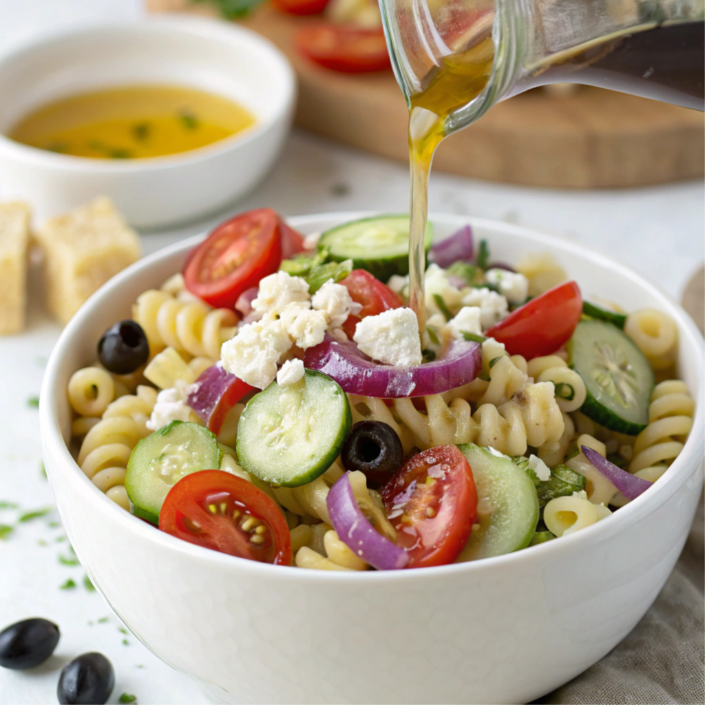 Ditalini pasta salad with cherry tomatoes, cucumbers, and feta cheese