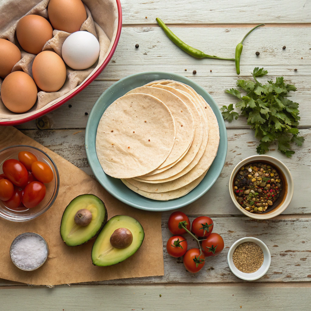 Ingredients for a Los Cabos breakfast burrito including tortillas, eggs, avocado, and salsa.