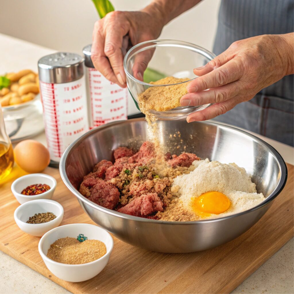 Mixing ground meat, breadcrumbs, and spices in a large bowl