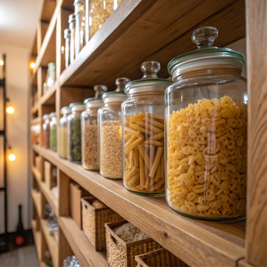 Glass jars filled with ditalini pasta stored in a pantry