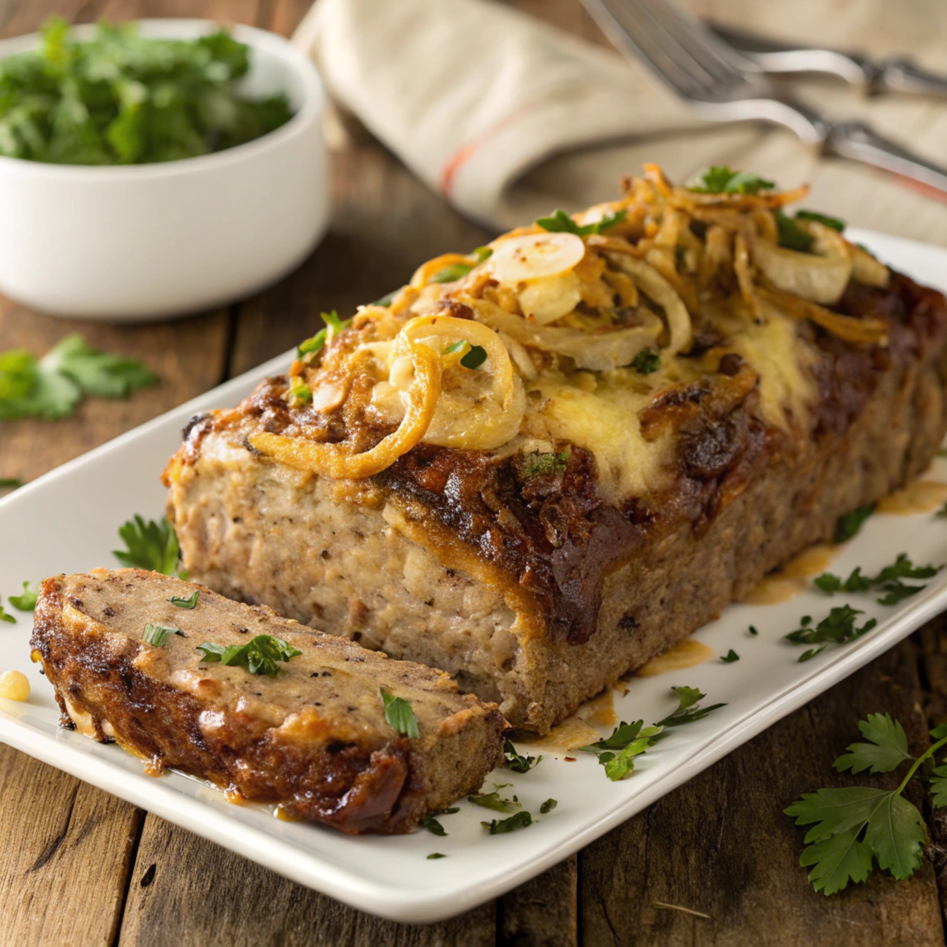 French onion meatloaf served on a white platter with caramelized onions and cheese.