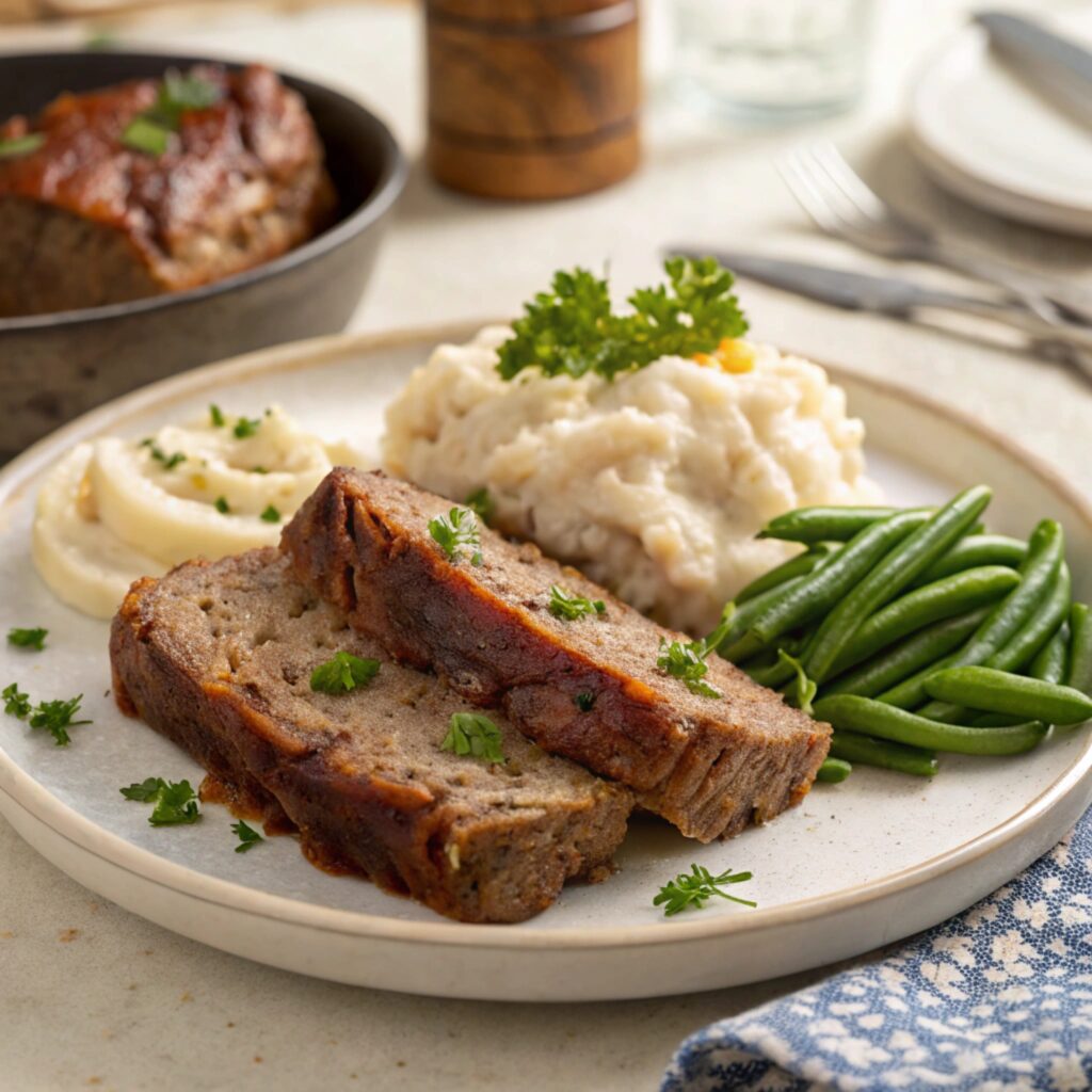 French onion meatloaf served with mashed potatoes and green beans.