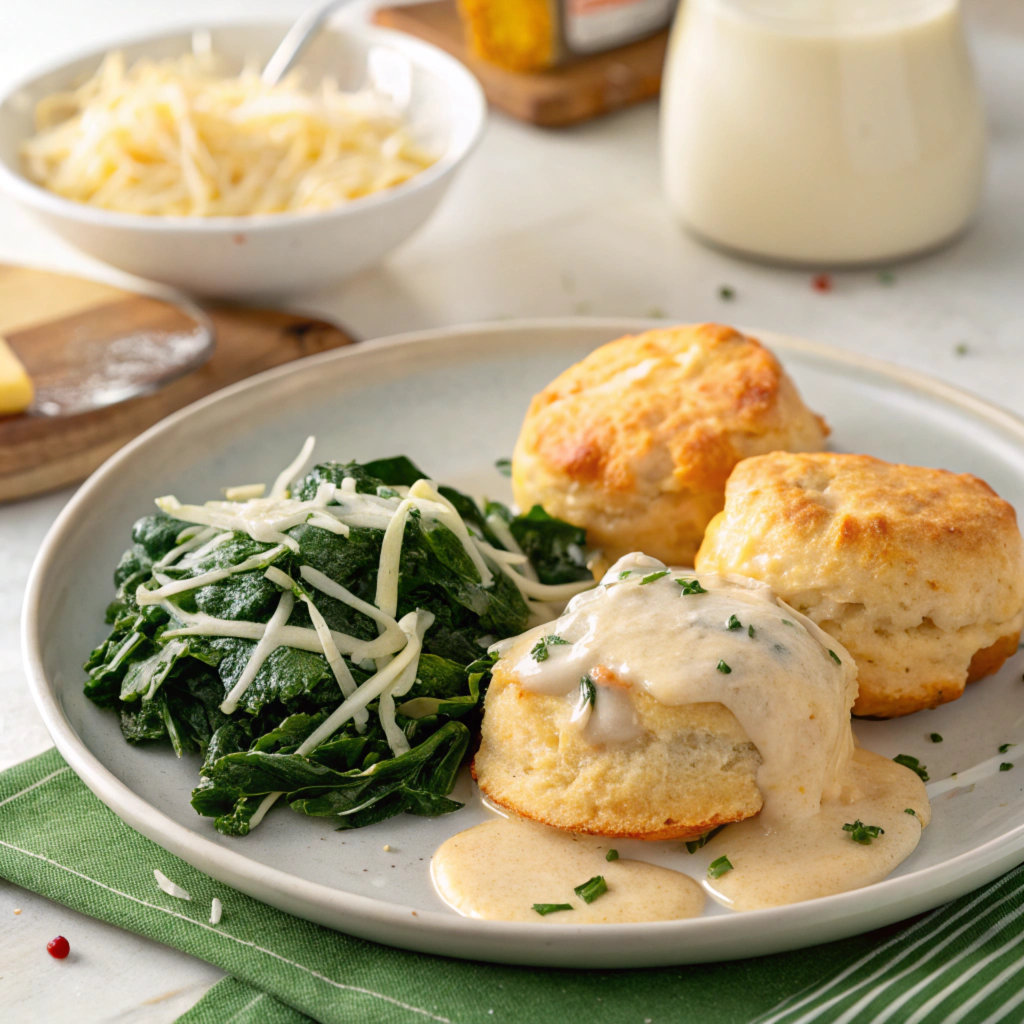 Cheddar biscuits with gravy served with a side of sautéed greens.