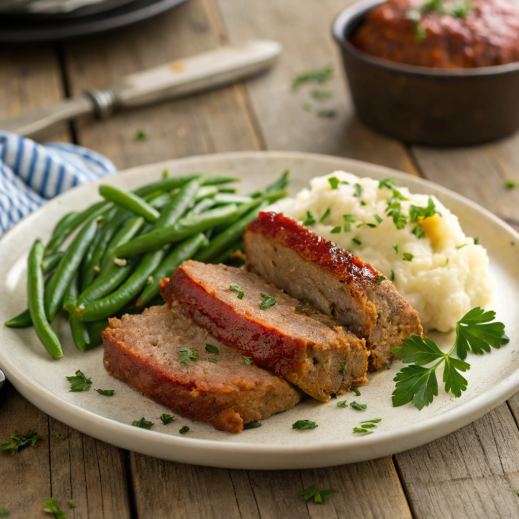 Gluten-free meatloaf served with mashed potatoes and green beans on a white plate.