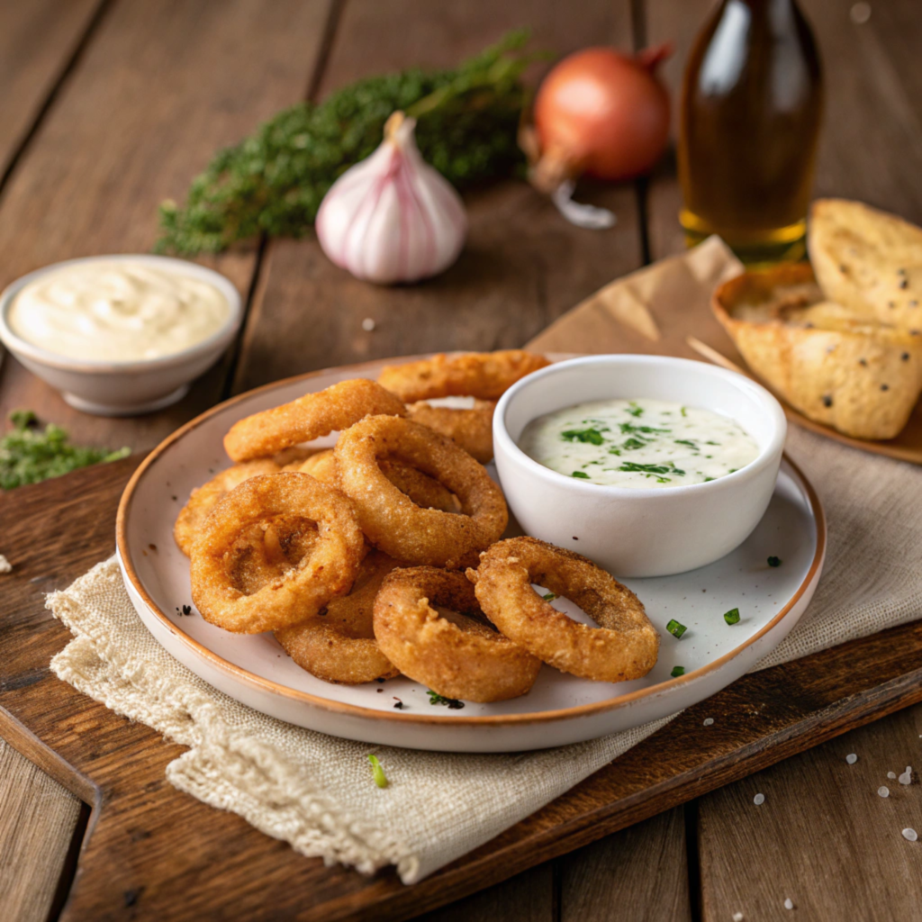 Golden onion rings with a dipping sauce.