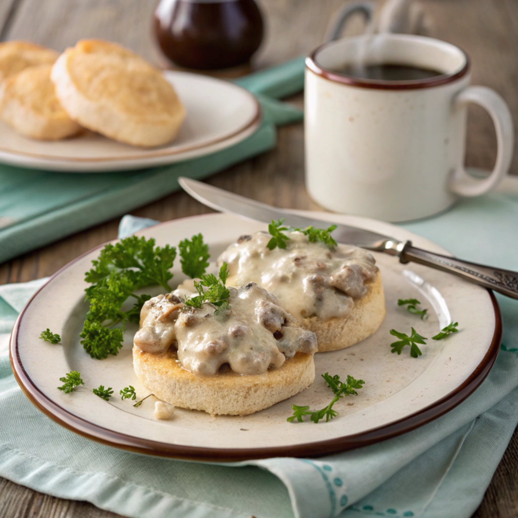 A plate with halved biscuits smothered in creamy sausage gravy, garnished with parsley.