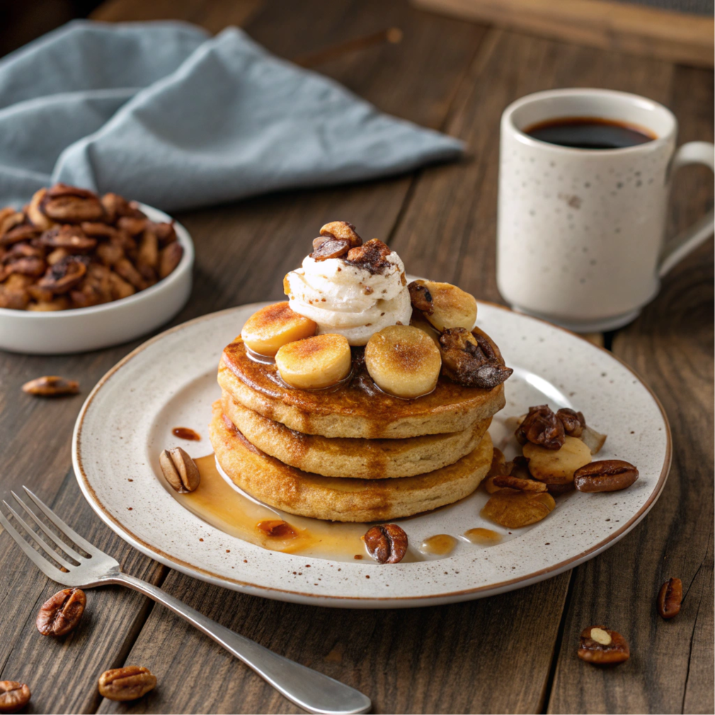 Pancakes topped with caramelized bananas and pecans