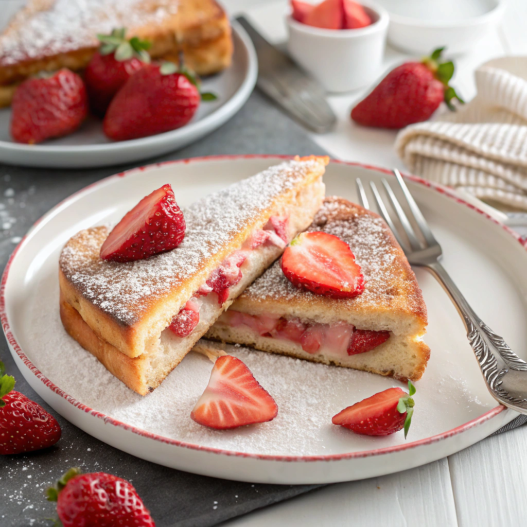 Stuffed French toast with cream cheese and strawberries, topped with powdered sugar.