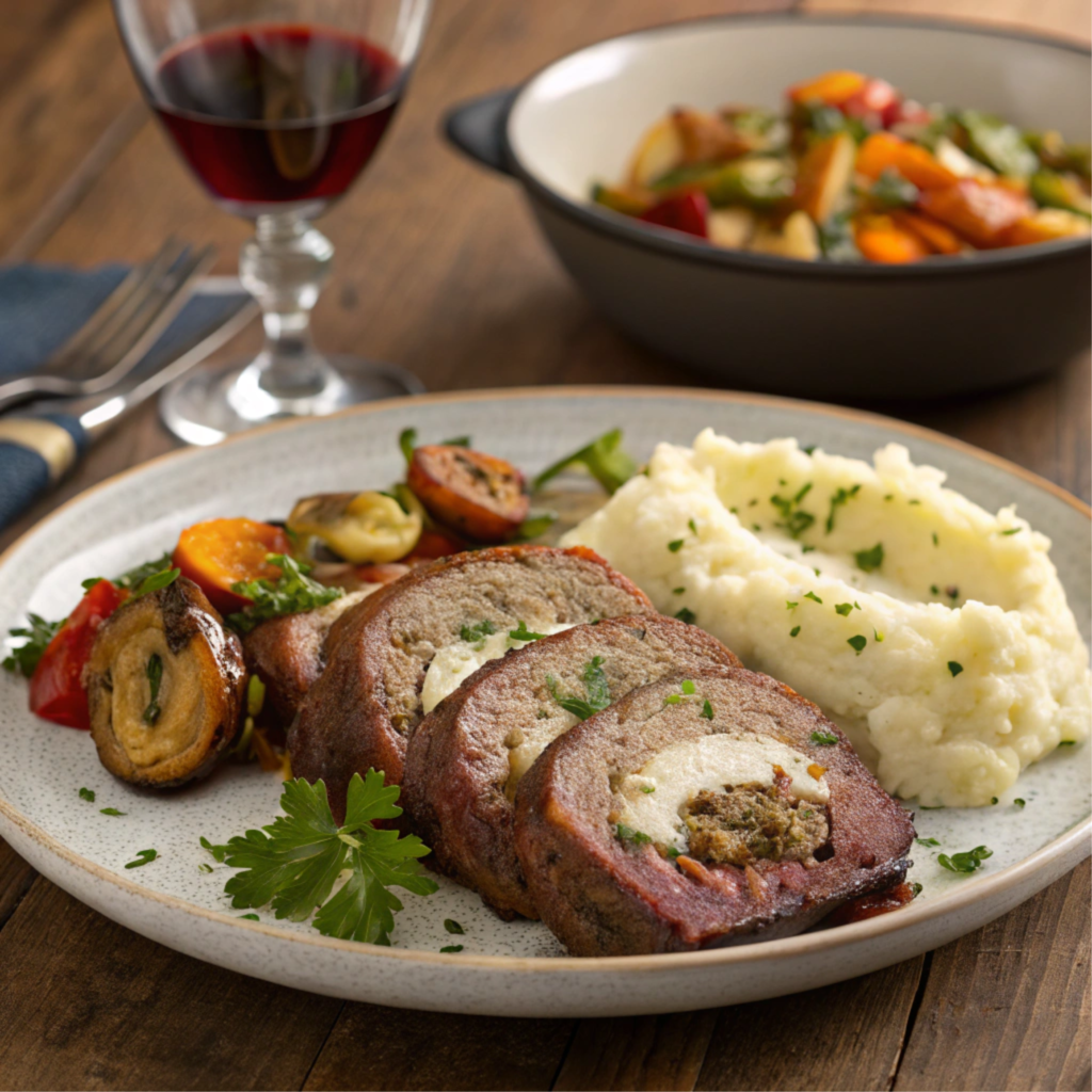 Stuffed meatloaf served with mashed potatoes and roasted vegetables