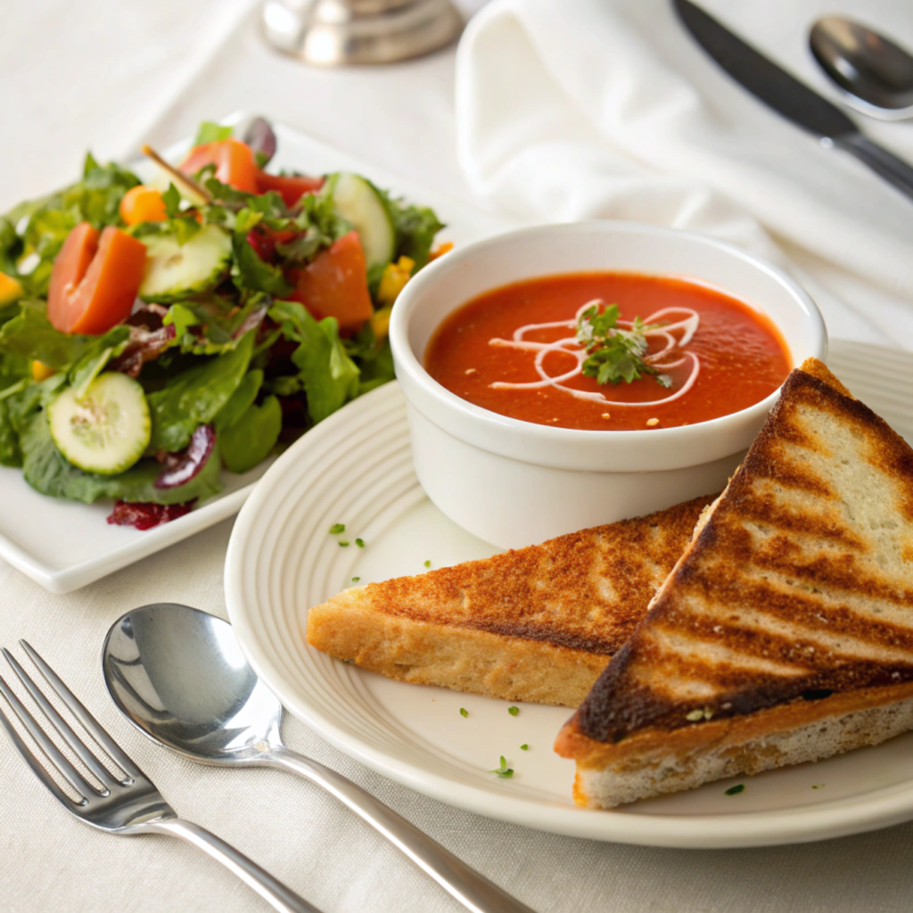 A plate with a small grilled cheese, a bowl of tomato soup, and a side salad