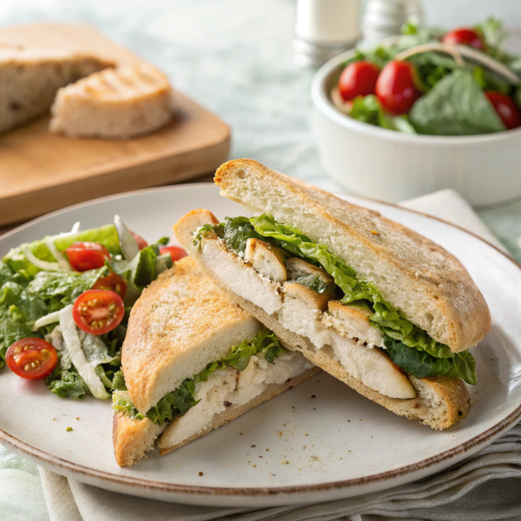 A sliced Chicken Caesar Salad Sandwich with a side of salad