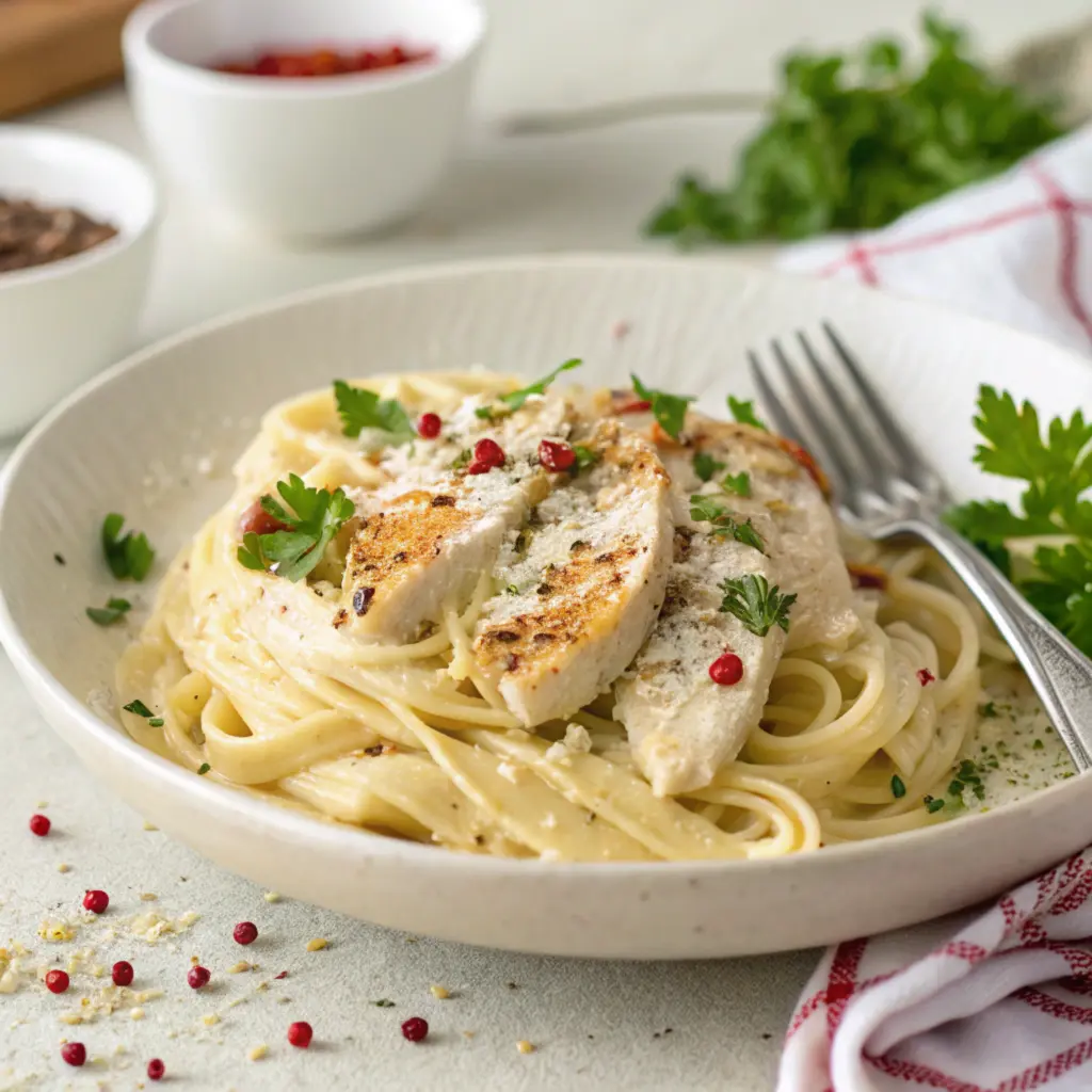 Garnished Garlic Parmesan Chicken Pasta served on a plate.