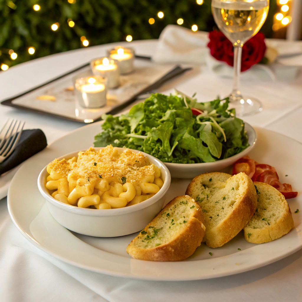 Cabot macaroni and cheese served with a side salad and garlic bread.