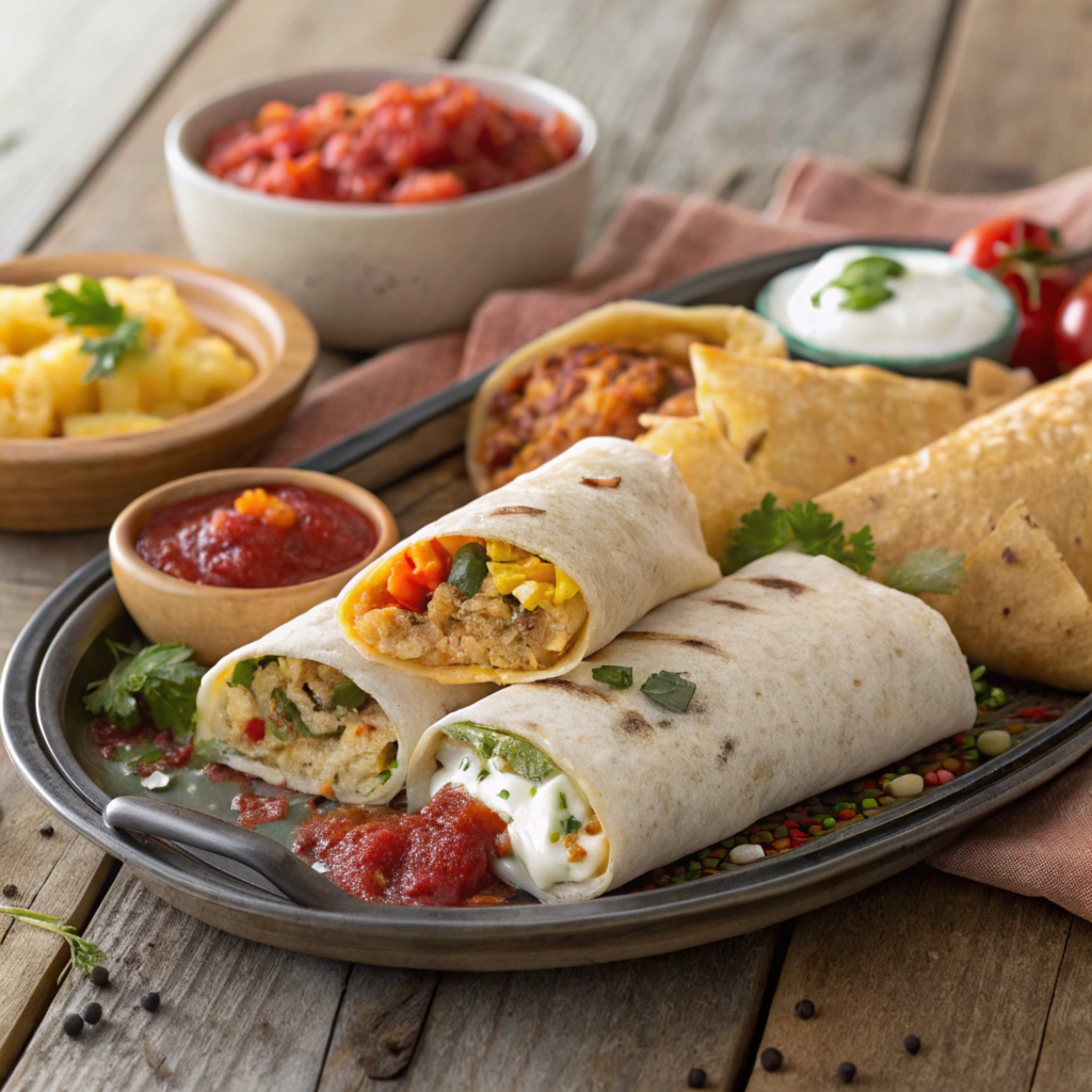 Different styles of breakfast burritos on a platter.