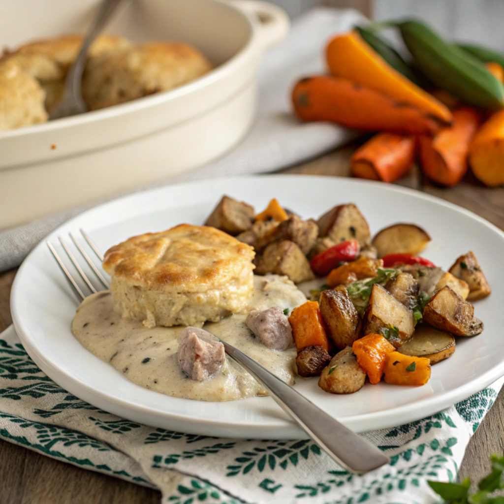 A plated portion of sausage gravy and biscuit pie served with roasted vegetables.