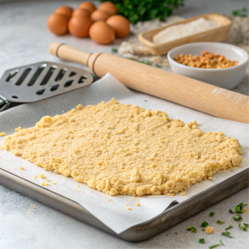 Raw chicken crust on a baking sheet.