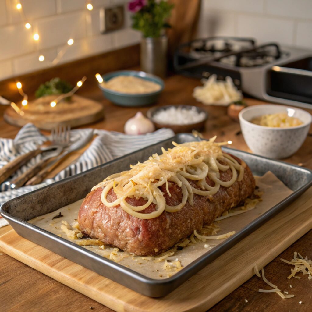 Shaped French onion meatloaf before baking.