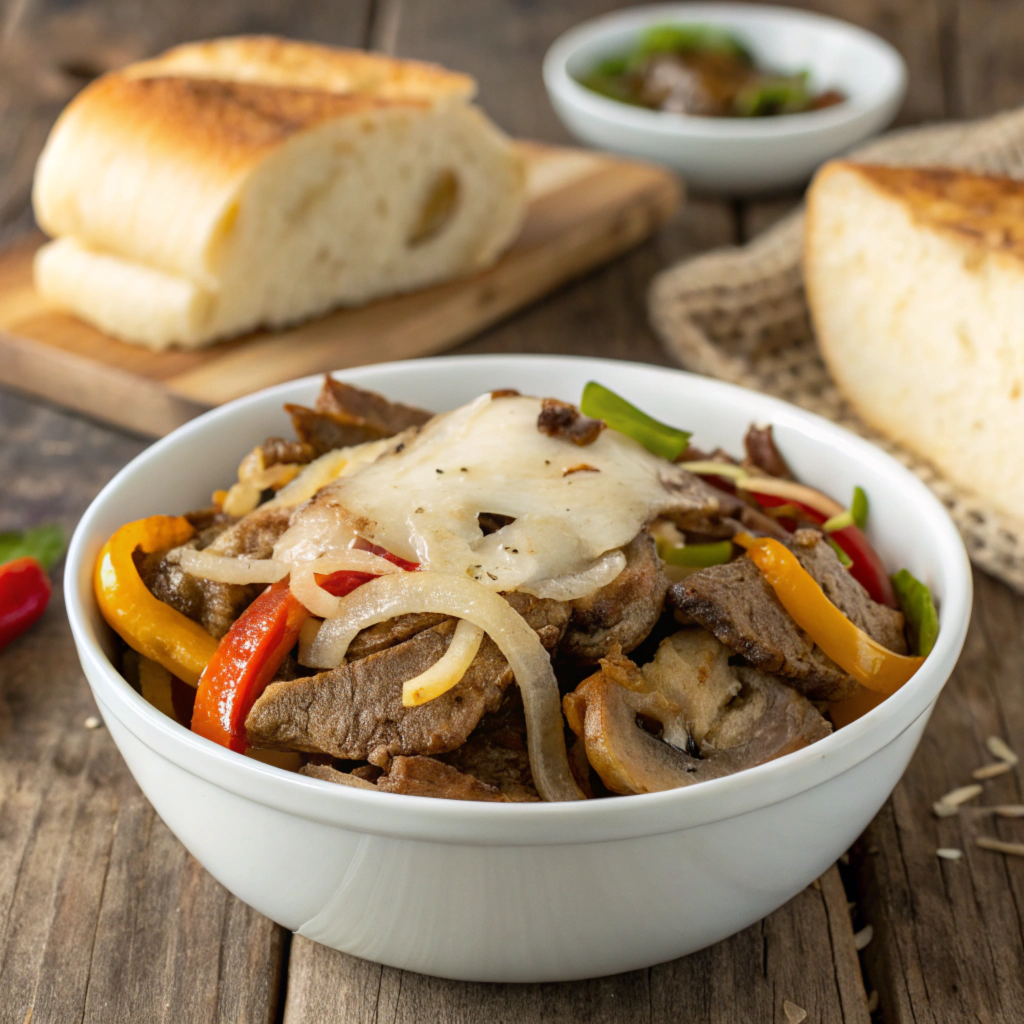 A freshly prepared Philly cheesesteak bowl with tender beef, melted cheese, and sautéed vegetables.