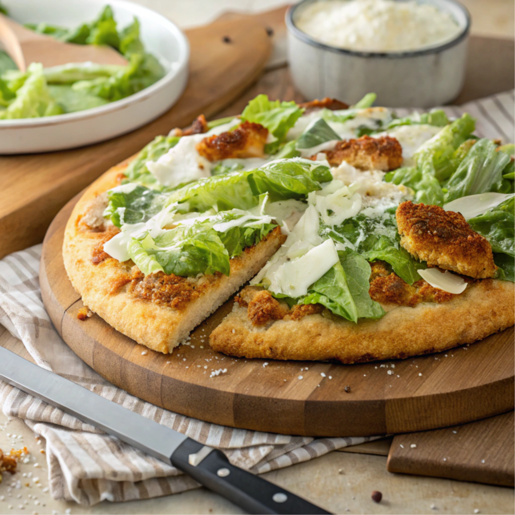 Chicken Crust Caesar Salad Pizza on a wooden board.