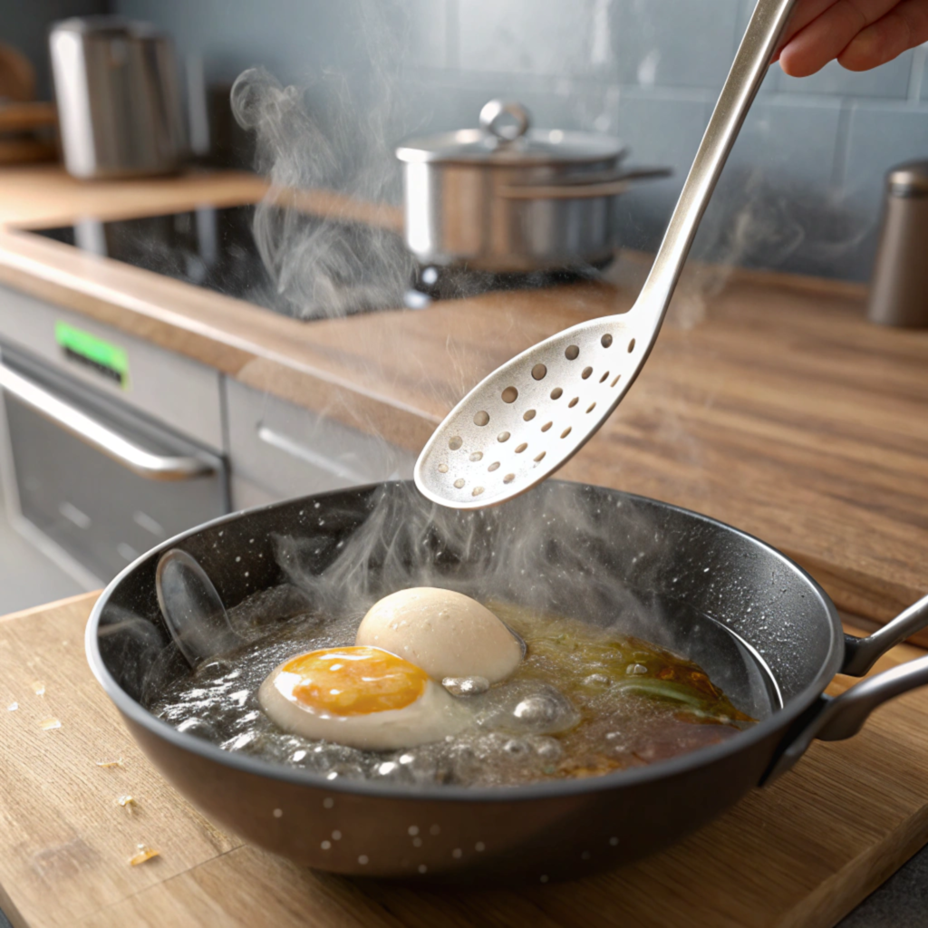 Perfectly poached egg being lifted from simmering water