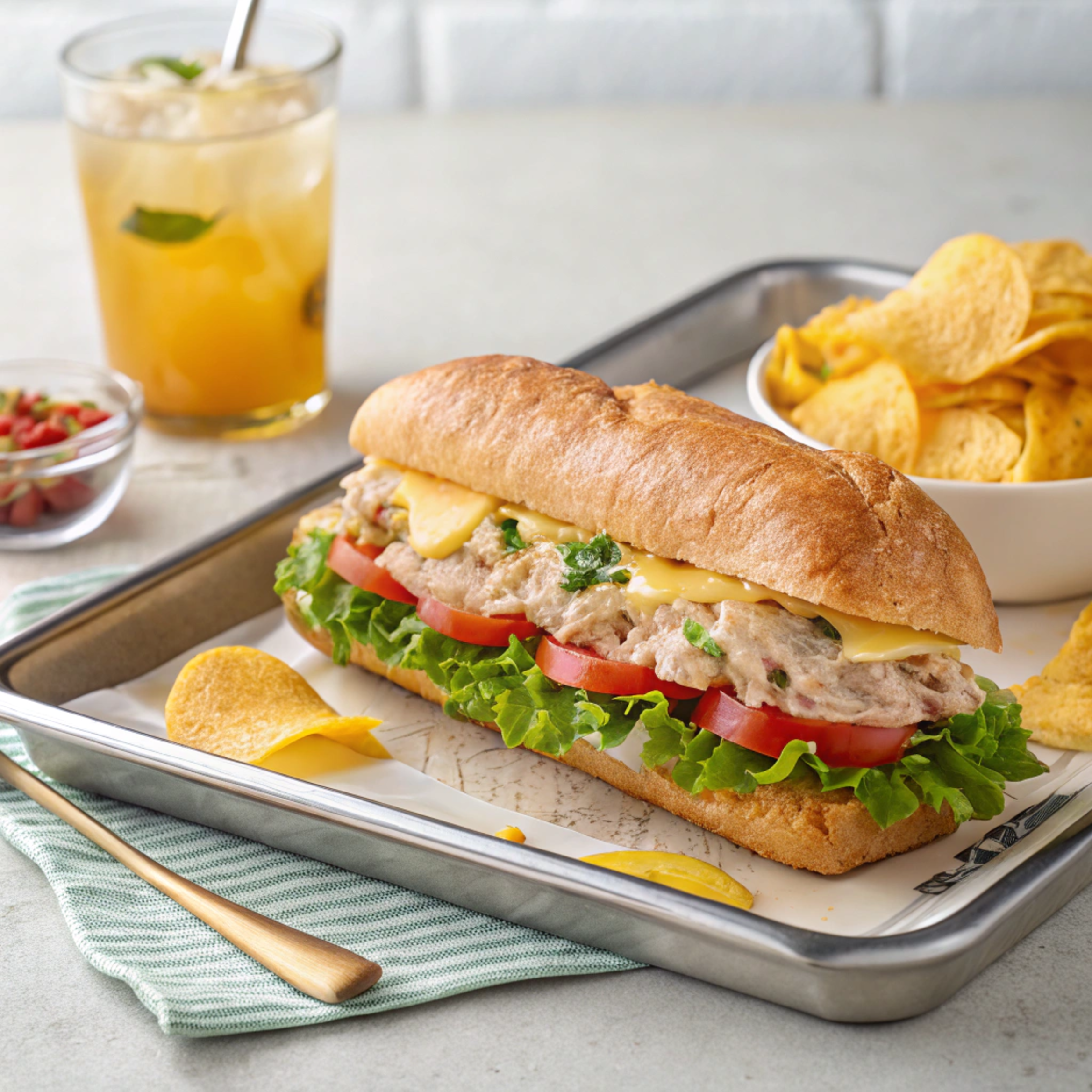 Subway Tuna Melt Sandwich on a tray with fresh toppings