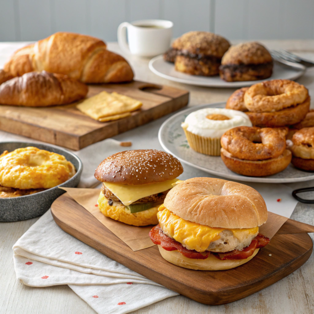 A variety of fast food breakfast sandwiches on a table.