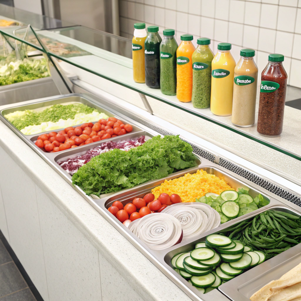 Subway vegetable toppings and sauces on display