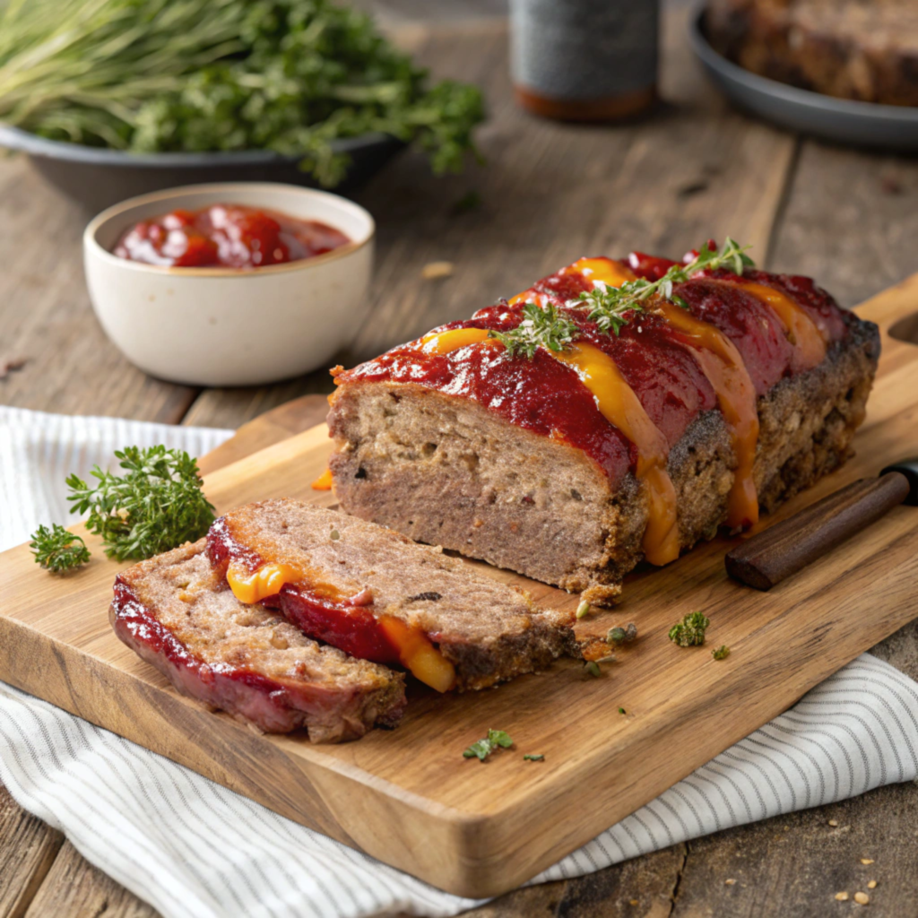 A perfectly cooked bacon cheeseburger meatloaf with melted cheese and crispy bacon slices.