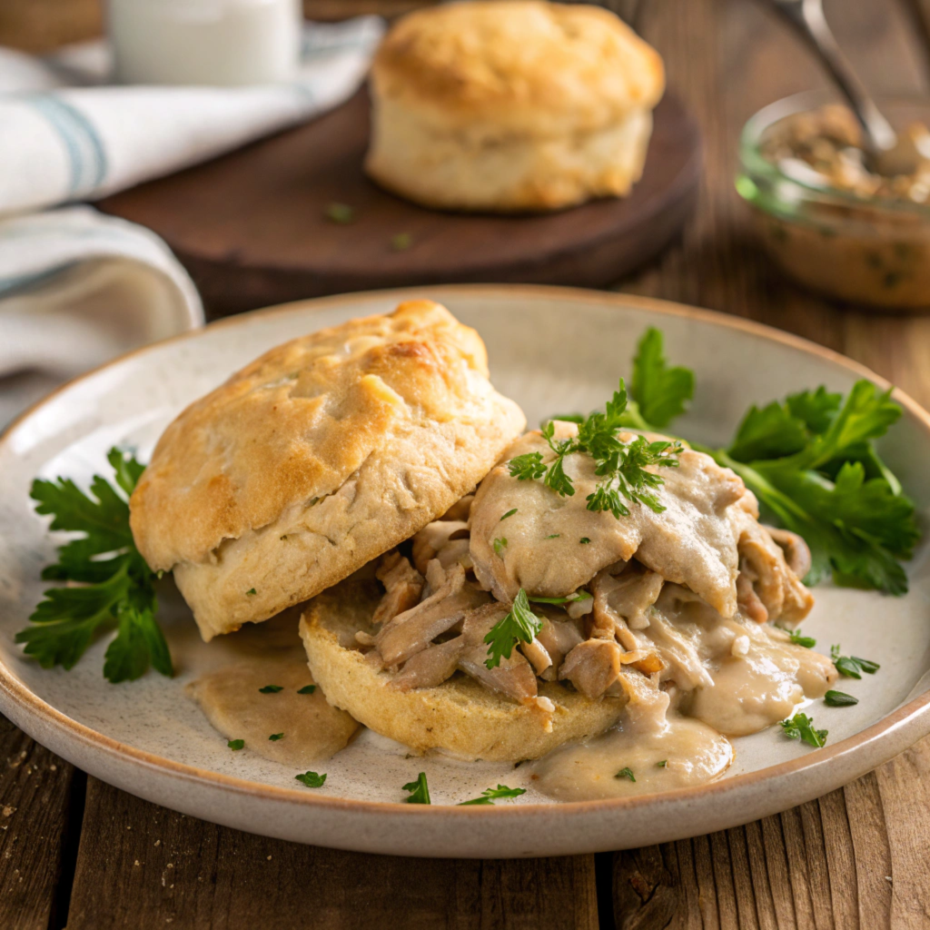 A plate of chicken biscuits and gravy served with parsley garnish. Title: Classic Chicken Biscuits and Gravy