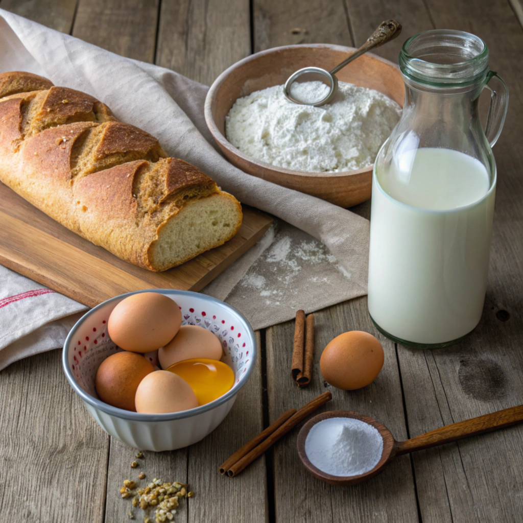 Ingredients for French toast including bread, eggs, milk, and spices on a wooden countertop.