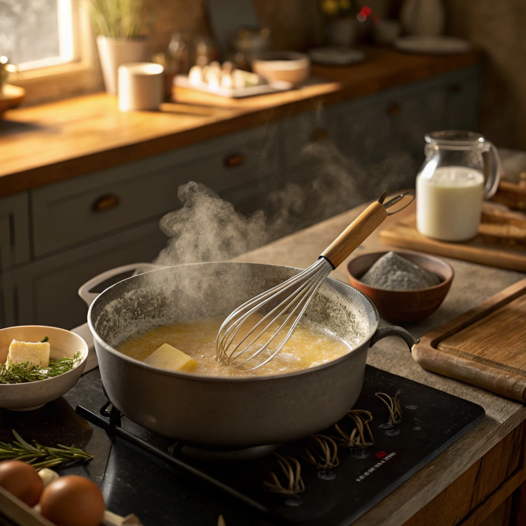 Preparing a roux for cheese sauce in a saucepan.