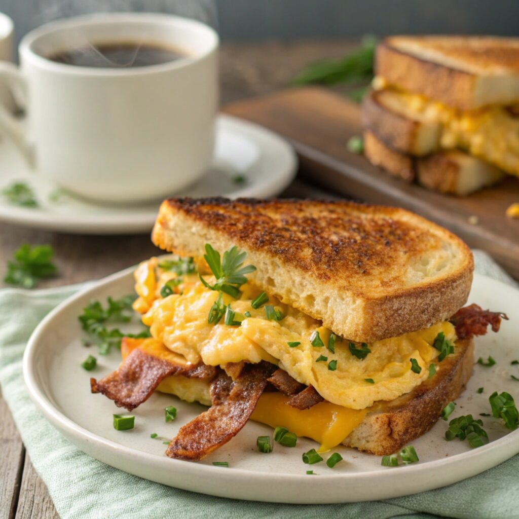 A savory French Toast Breakfast Sandwich with eggs, bacon, and cheese.