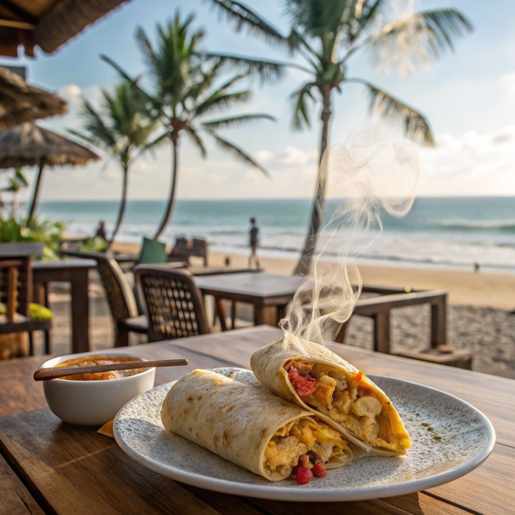 A scenic view of a breakfast burrito served at a beachfront café in Los Cabos.