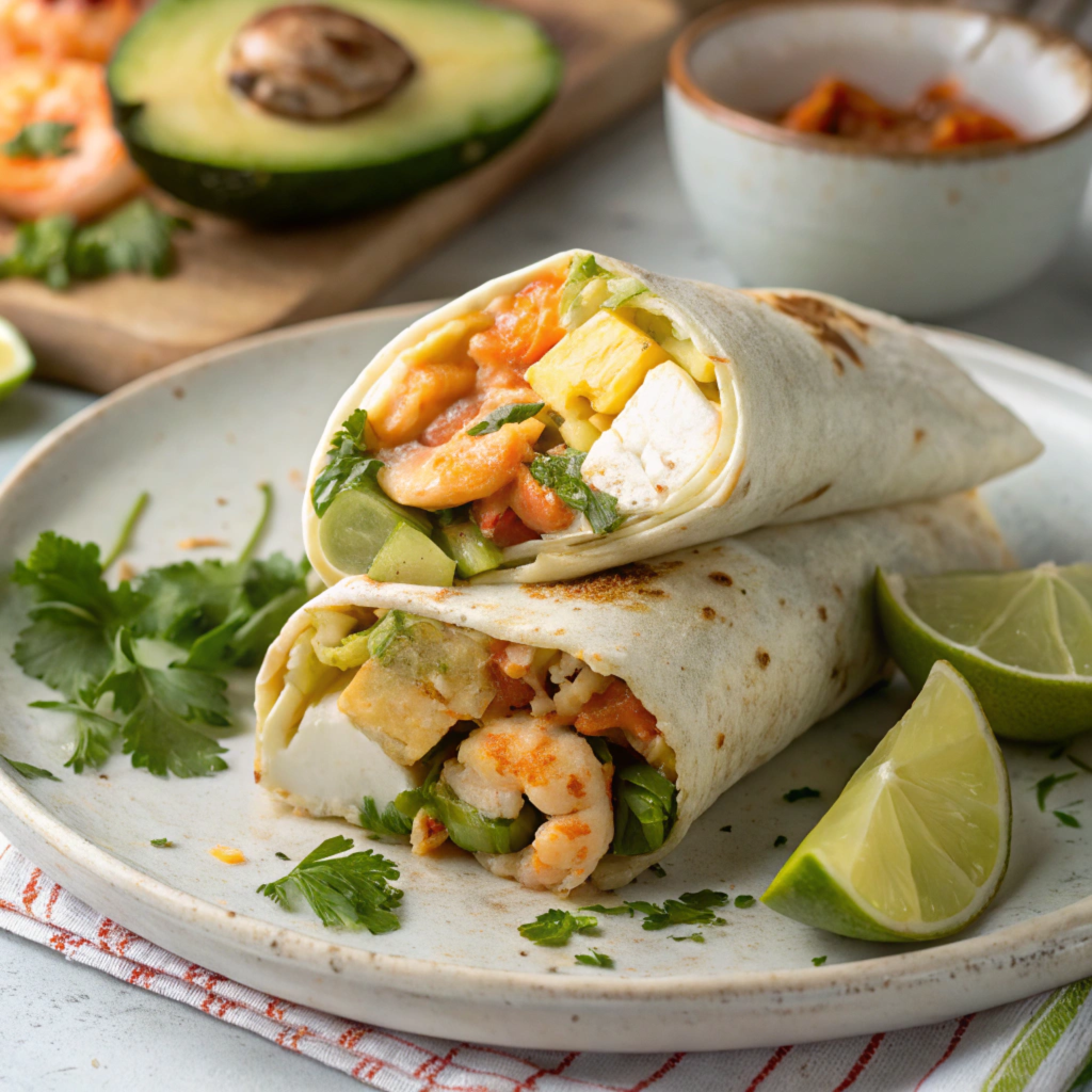 A seafood breakfast burrito with shrimp and fresh herbs.