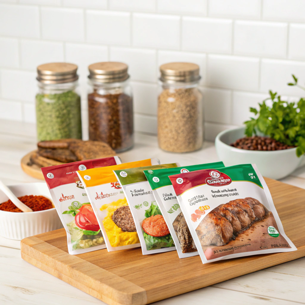 A variety of pre-made seasoning mix packets arranged on a kitchen counter.