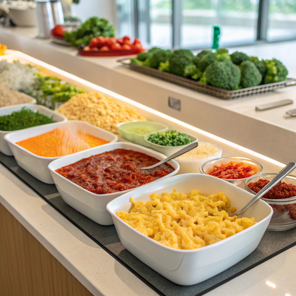 A mac and cheese bar with various toppings and add-ins