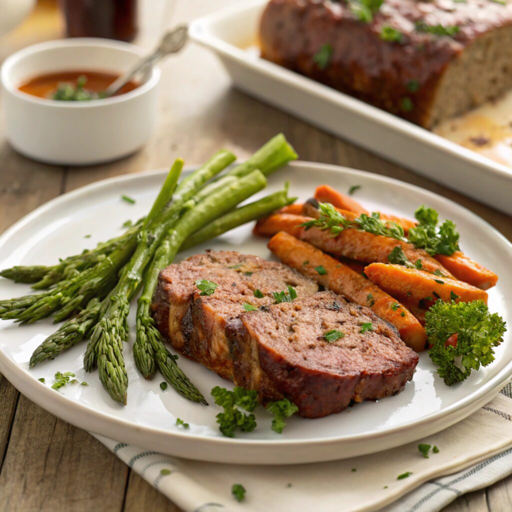 A slice of Lipton Onion Soup Meatloaf served with roasted vegetables on a plate.