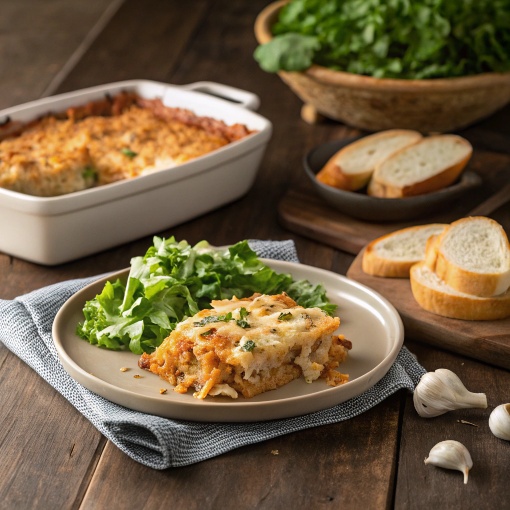 Turkey cabbage casserole served with salad and garlic bread