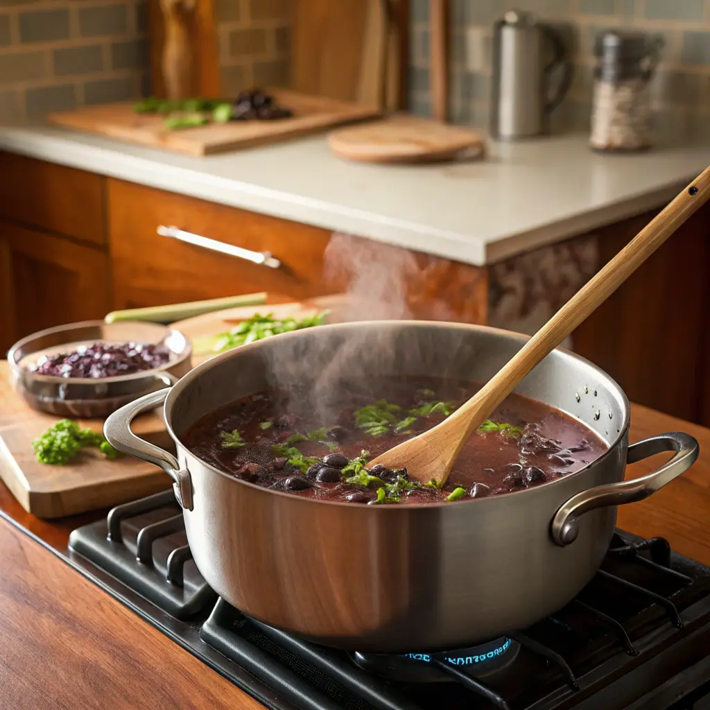 A stockpot with purple black bean soup being stirred with a wooden spoon.