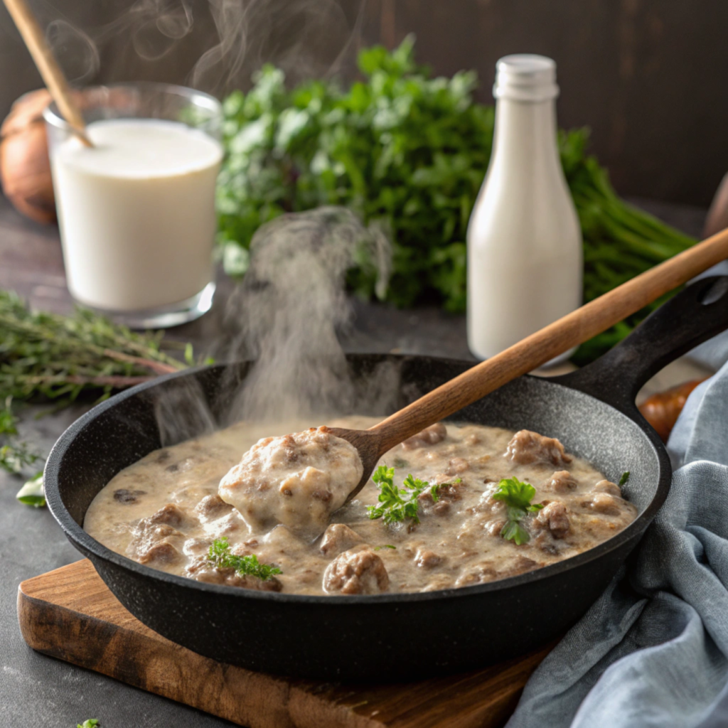 Sausage gravy being prepared in a skillet.