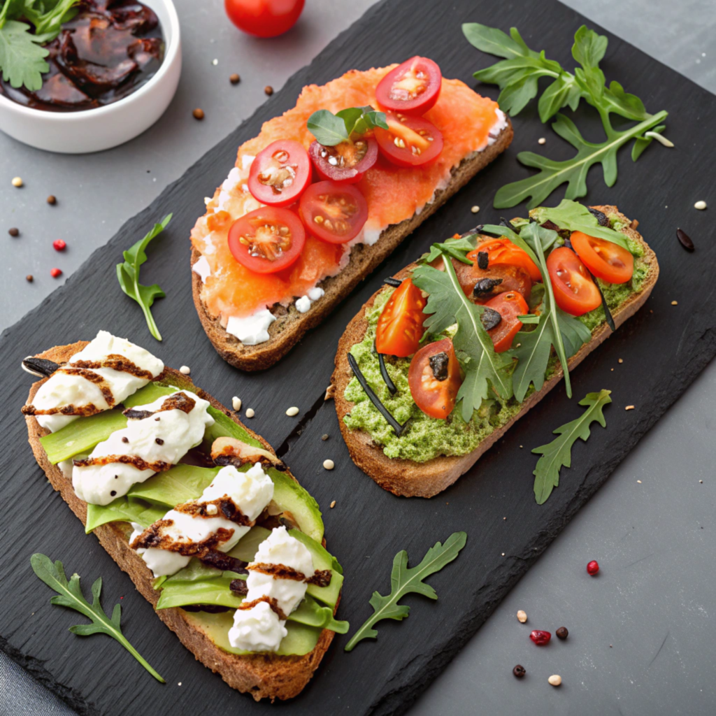 Avocado toast with creative toppings: smoked salmon, arugula, and cherry tomatoes