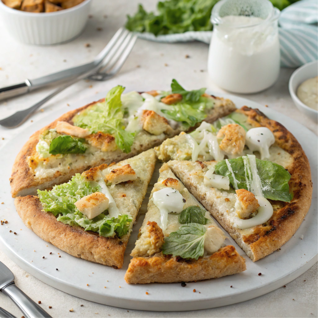 Sliced chicken crust Caesar salad pizza.