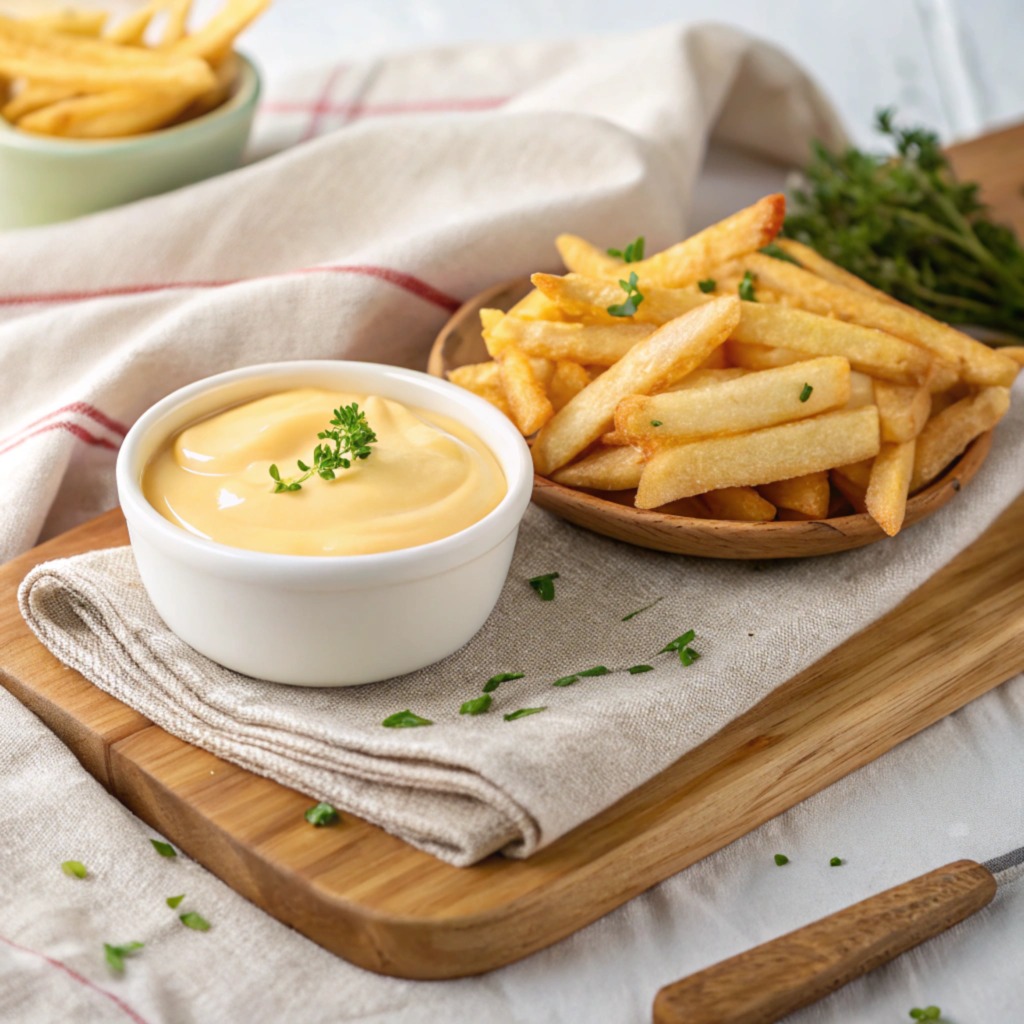 Cheese sauce in a bowl with fries on the side.