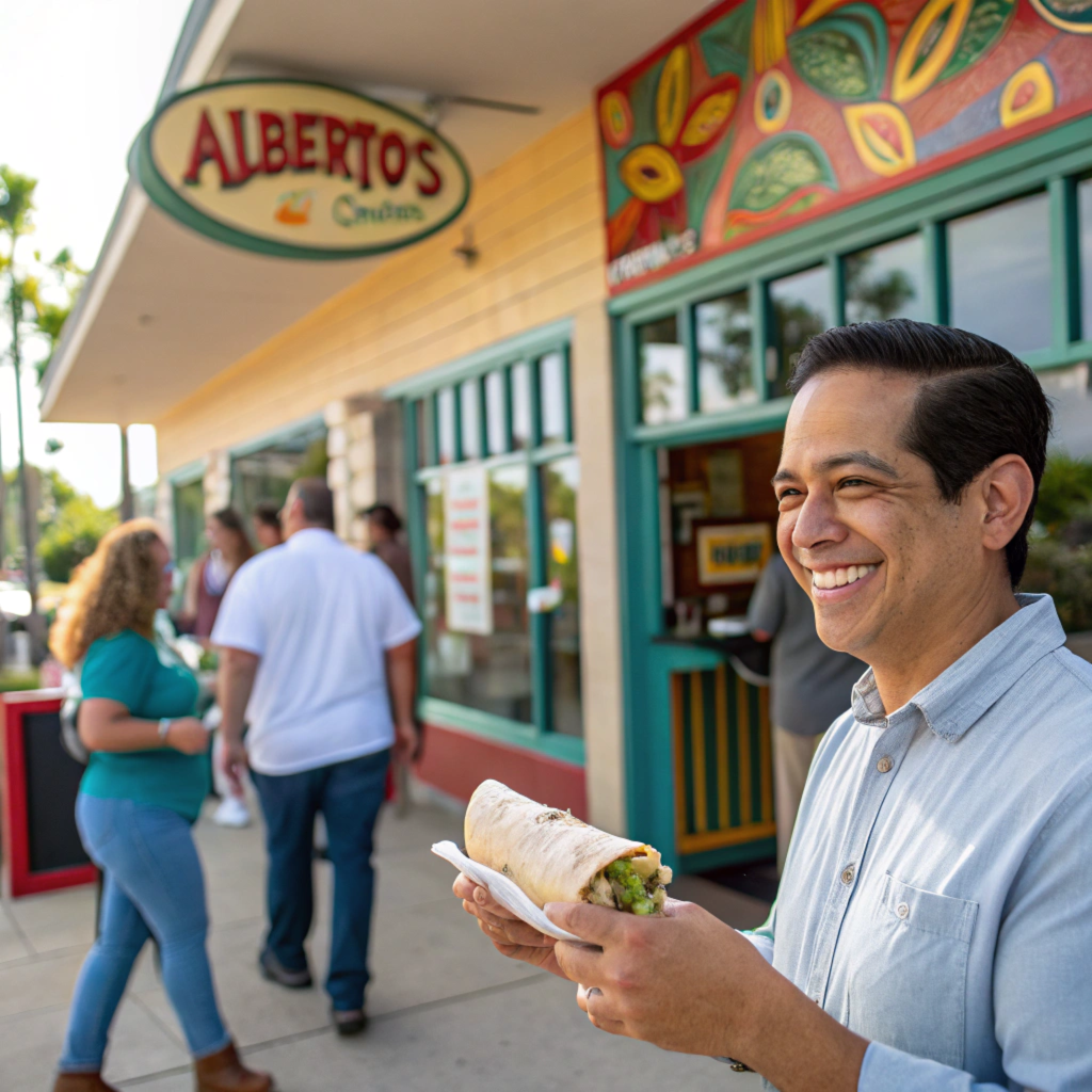 A happy customer enjoying a burrito at Alberto’s.