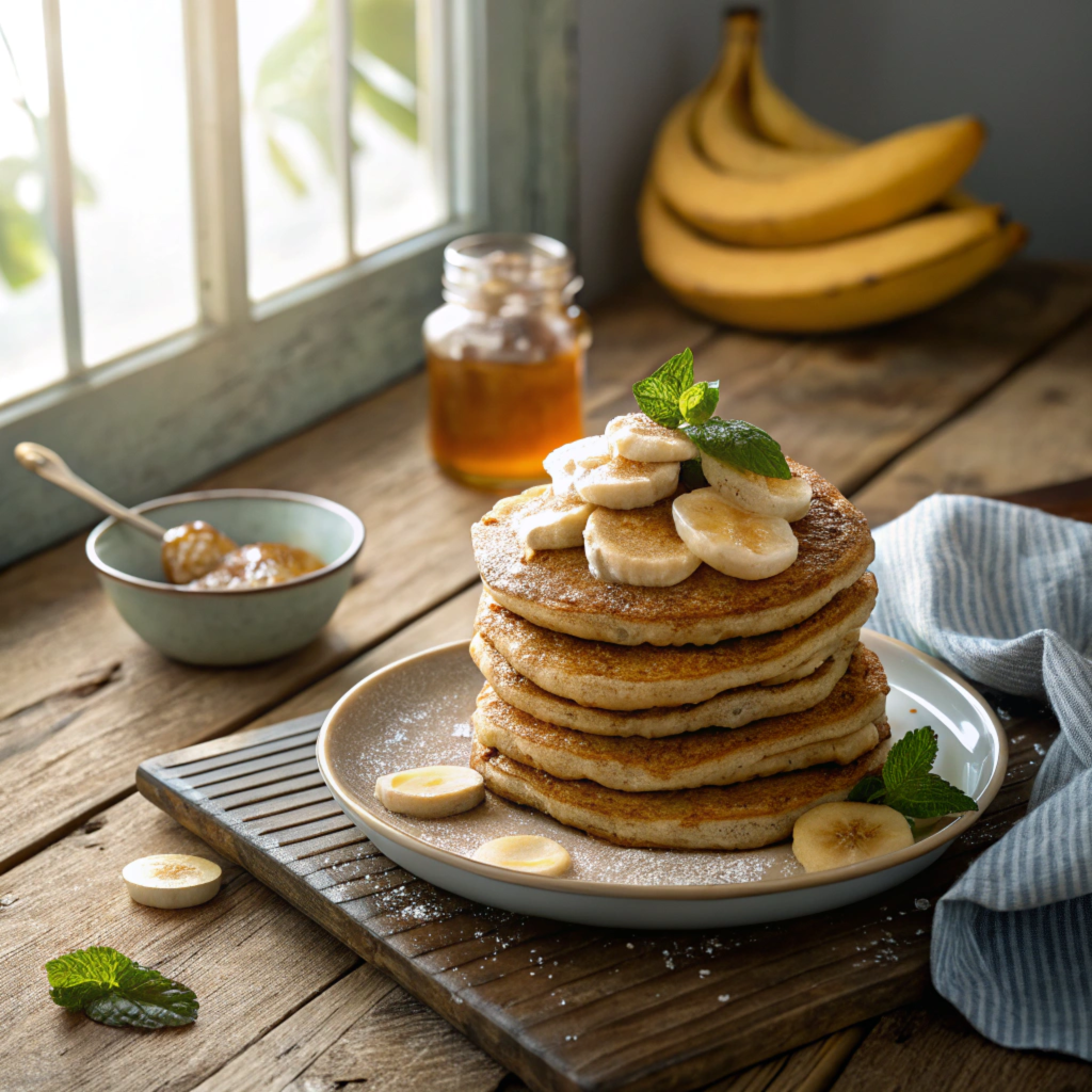 bannana and whole wheat pancakes with sugar free maple syrup