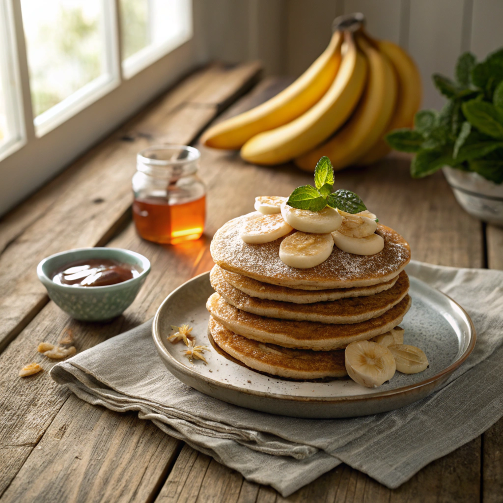 bannana and whole wheat pancakes with sugar free maple syrup