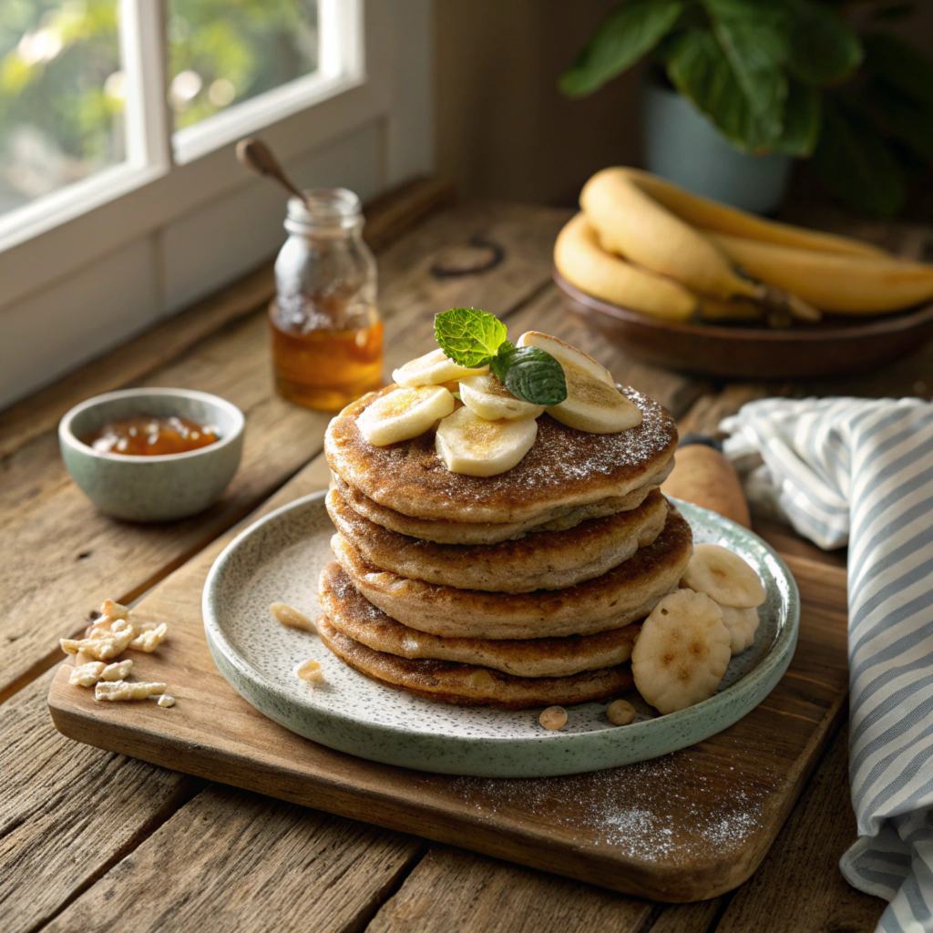 bannana and whole wheat pancakes with sugar free maple syrup