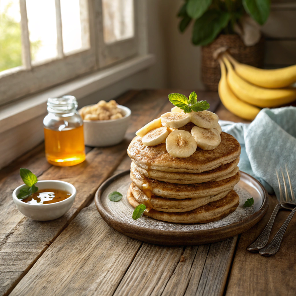 bannana and whole wheat pancakes with sugar free maple syrup