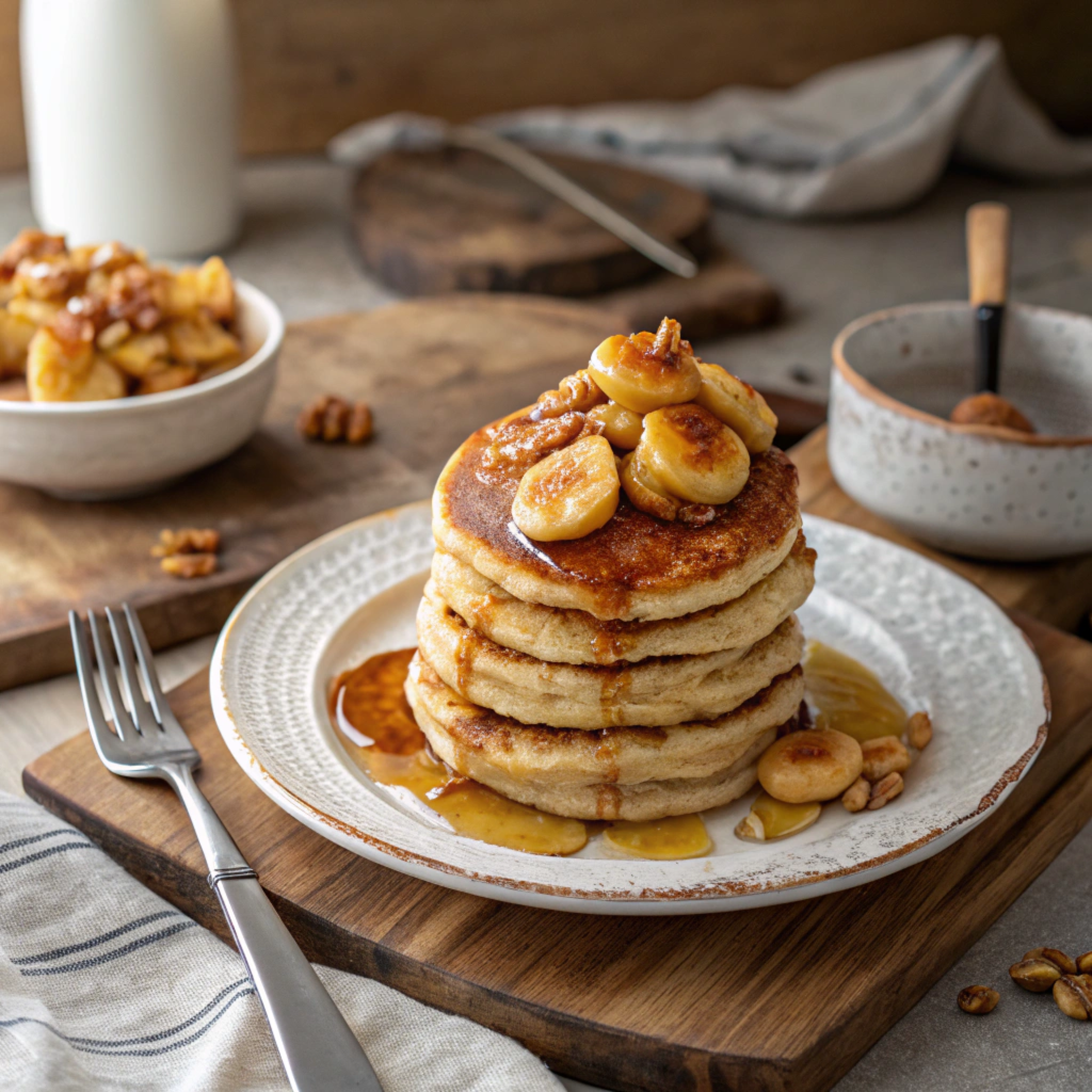 Stack of Bananas Foster Pancakes with caramel sauce