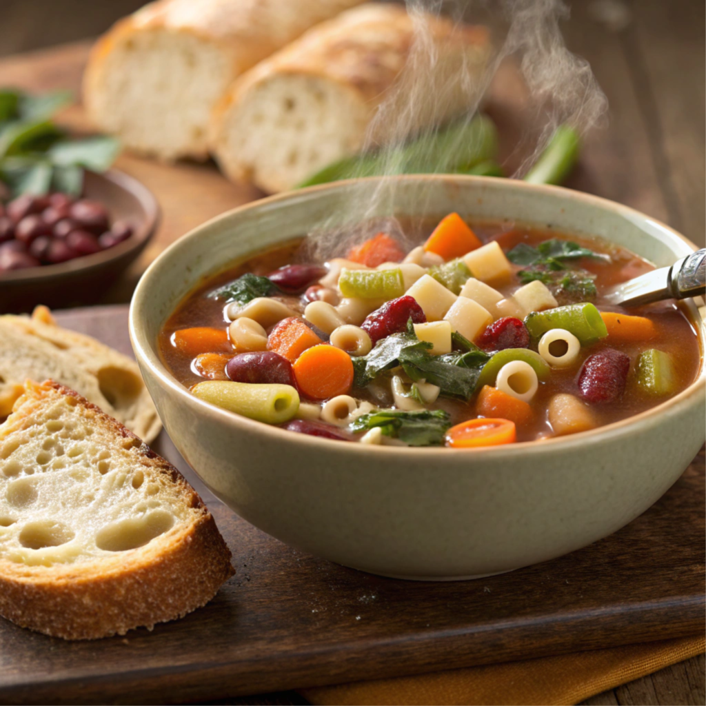 A bowl of minestrone soup with ditalini pasta and vegetables